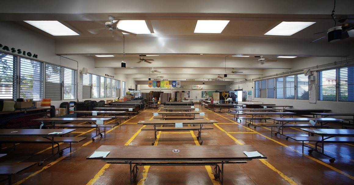 A cafeteria at Honowai Elementary School in Waipahu. (Cory Lum/Civil Beat/2021)