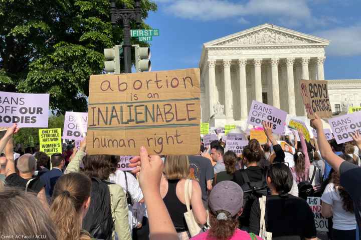 Protesters marching in Washington, DC, and carrying signs saying Abortion Is An Unalienable Human Right.