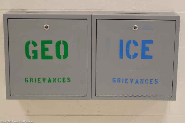 GEO and ICE grievance boxes at the U.S. Immigration and Customs Enforcement detention center.